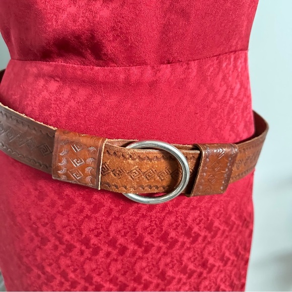 Unisex Belt Tooled Embossed Leather Brown Embossed Adjustable 26-33 handmade - Picture 5 of 14